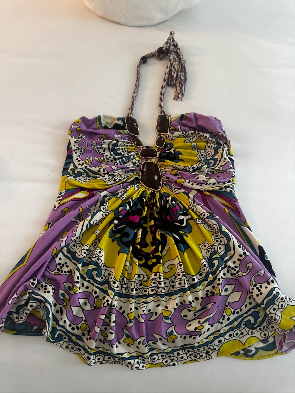 SKY Purple & Yellow Printed Halter baby doll style top